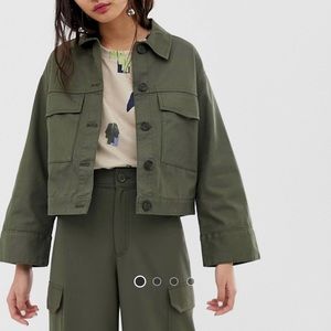 Monki Cropped Utility Jacket in Khaki Green in Size S